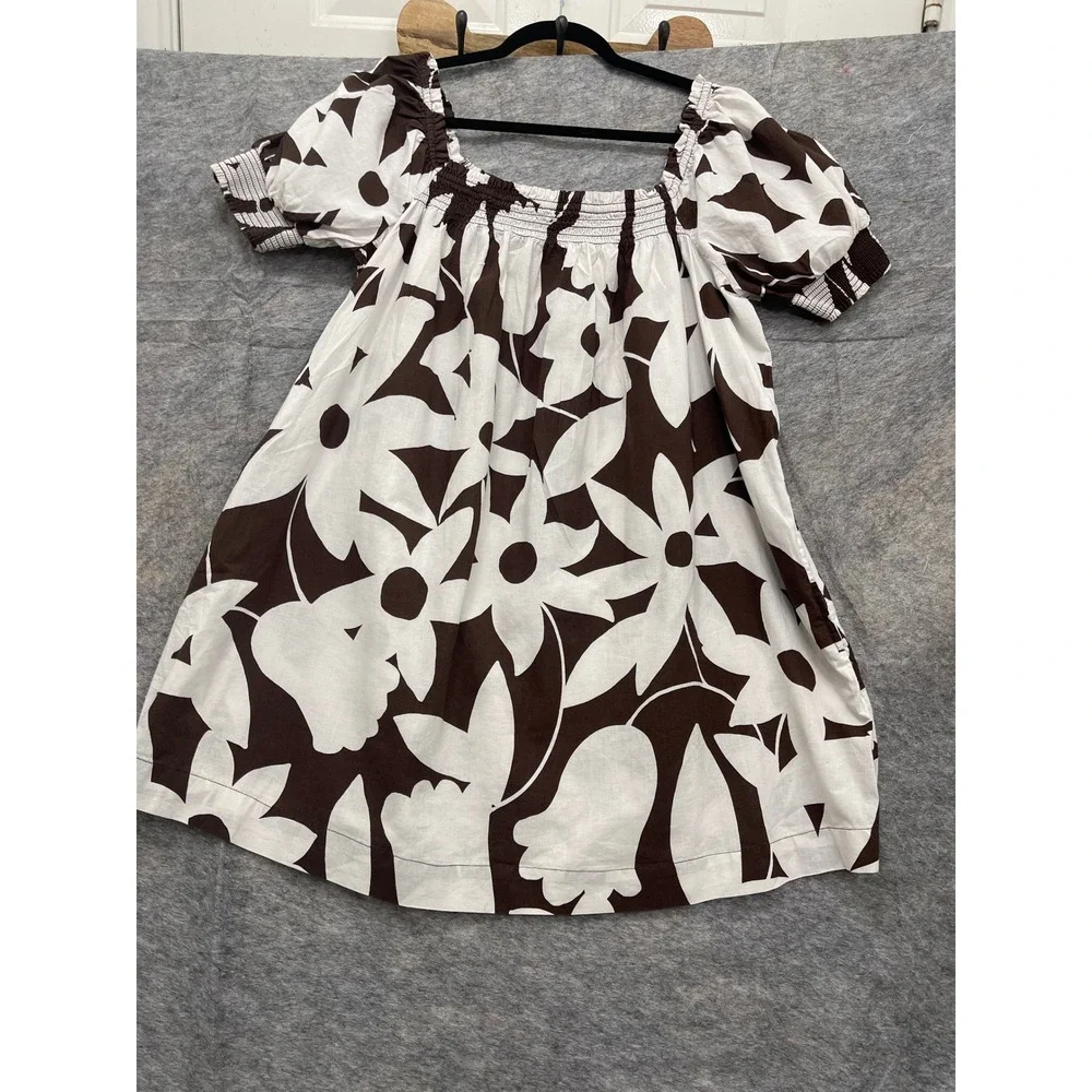 Free People Brown White Floral Smocked Puff Sleeve Mini Dress with Pockets - Picture 2 of 14